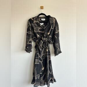 VTG 90s Abstract Swirl 2 Piece Set Size 12 Sheer Button Blouse Midi Slip Dress